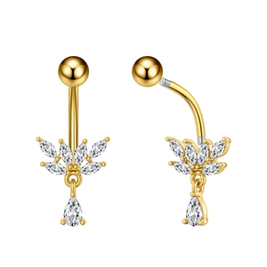 Detailed view of golden belly ring featuring marquise-cut zircon leaf and pear-shaped drop