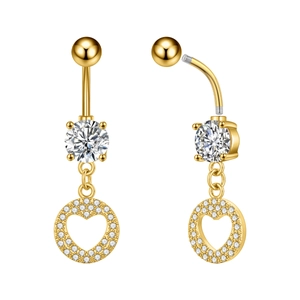 Detail view of gold navel ring with heart pendant, cubic zirconia, and screw threading