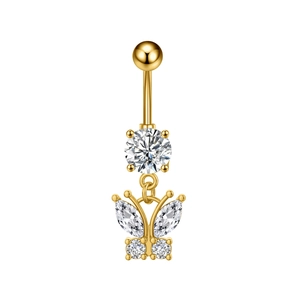 Detailed view of golden butterfly belly ring featuring sparkling marquise zircon pendant