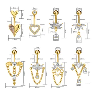 Tabla de tallas detallada para piercings de ombligo en acero con barra de 1,6mm de grosor