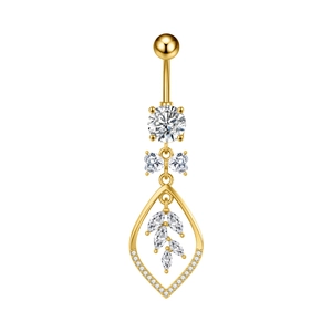 Elegante piercing all'ombelico dorato con farfalla di zircone e pendente a goccia foglia