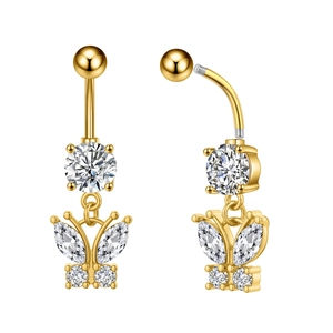 Detailed view of butterfly navel ring showing screw closure and sparkling zircon wings
