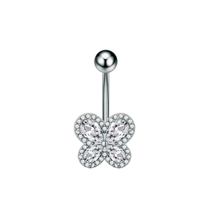 Close-up of butterfly belly ring with pear-cut cubic zirconia and silver-toned metal