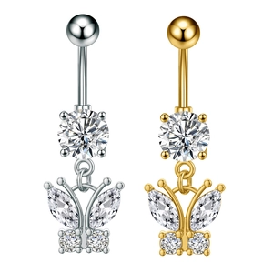 Detail of silver and gold butterfly belly rings with sparkling marquise zircon inlays