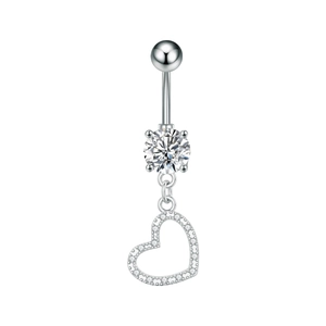 Detailed close-up of a silver belly button ring with a hollow heart charm and cubic zirconia