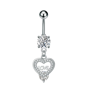 Silver butterfly heart navel ring with sparkling zircon and LOVE engraved pendant