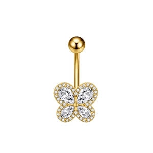 Detailed view of butterfly navel ring with marquise zircon wings and gold-plated finish