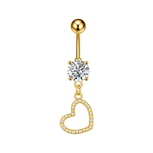 Detailed view of a golden heart belly ring featuring sparkling cubic zirconia stones