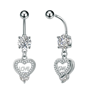 Detail of silver heart belly ring with LOVE lettering and sparkling cubic zirconia stones