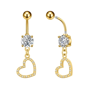 Detailed view of golden heart belly ring with cubic zirconia and screw-on ball closure