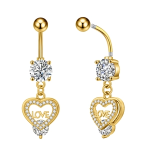 Detail of golden heart belly button rings with LOVE engraving and sparkling zircons