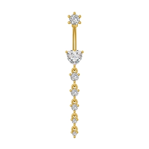 Detailansicht eines goldenen Bauchnabelpiercings mit Herz-Zirkonia und Kristall Quasten
