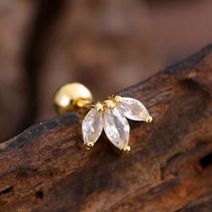Macro shot of gold stainless steel marquise zircon stud earrings on wood texture