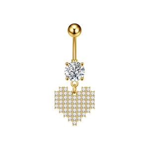 Vista macro detallada de piercing de ombligo dorado con corazón de píxel y circón