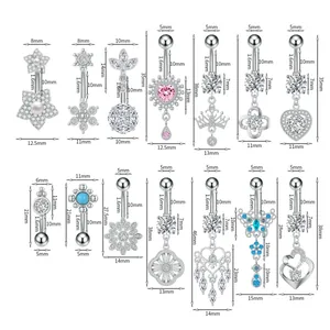 Tabella delle taglie dettagliata con spessore 1,6mm e lunghezza per vari piercing ombelico