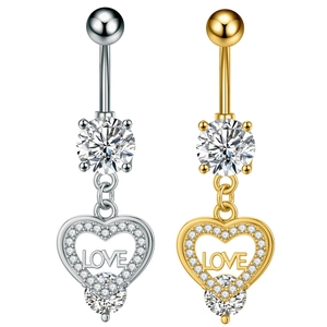 Detailed close-up of heart-shaped belly rings with LOVE engraving and shiny zircon crystals