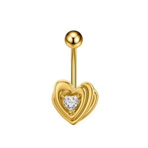 Detailed close-up of a golden heart navel ring with a sparkling heart-shaped zircon stone