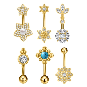 Set di sei piercing all'ombelico dorati con turchese, zircone e ciondoli floreali raffinati