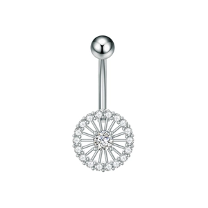 Polished silver navel ring with round disc design and micro-paved white zircon stones