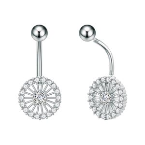 Detailed macro view of silver belly ring with zircon inlays and curved barbell structure