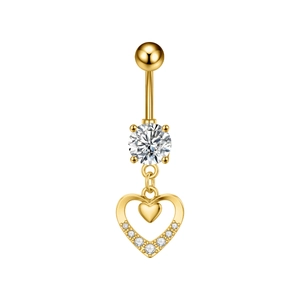 Close-up of golden stainless steel navel ring with heart pendant and cubic zirconia