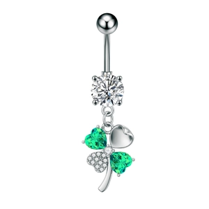 Detailed view of silver clover belly ring with green zircons and heart leaves