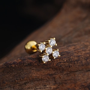 Minimalist gold stainless steel ear stud with five zircon stones and screw-back closure