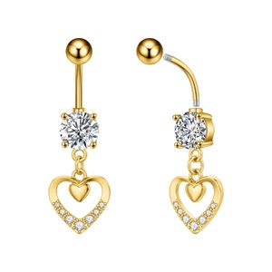 Detail of gold heart belly ring showing screw thread closure and micro-pave crystals