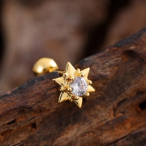 Macro detail of gold-plated star stud earring with zircon stone on wood surface