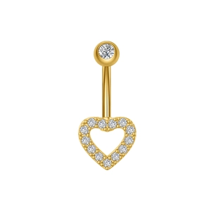 Detalle de un piercing de ombligo de corazón dorado con pavé de circonitas y acabado fino