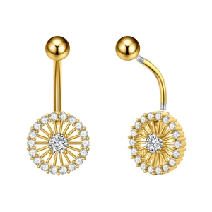 Detail view of 18K gold belly ring featuring a radiant zircon roulette pendant design