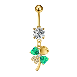 Detail of clover belly button ring with green heart crystals and golden finish