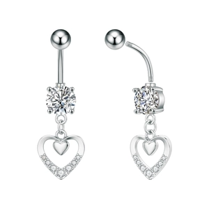 Detail of stainless steel belly button ring with heart pendant and cubic zirconia stone