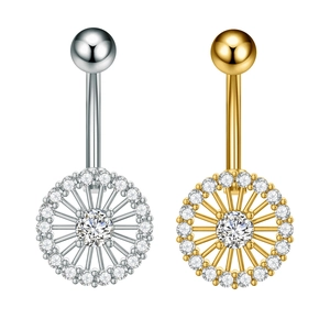 Macro detail of belly rings featuring wheel hub design with sparkling zircon stones