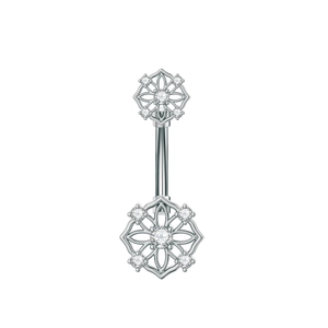 Macro detail of silver navel piercing with mandala flower design and white cubic zirconia