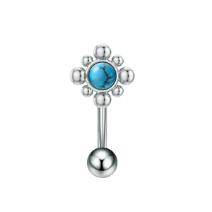 Macro di piercing per l'ombelico a fiore turchese con barra curva in acciaio inox e pietra blu