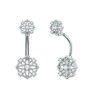 Detail view showing silver belly ring with hollow flower design and zircon inlays