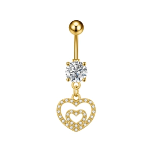 Close-up of heart dangle belly button ring with gold plating and sparkling cubic zirconia