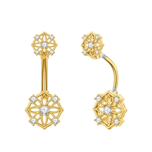 Detailed macro view of gold-plated belly ring with floral mandala and zircon stone inlay