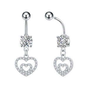 Detail of silver stainless steel belly ring with double hollow heart and zircon crystals
