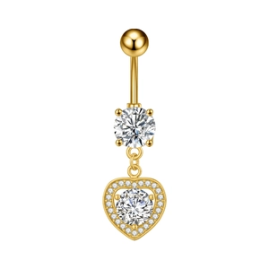Piercing de ombligo dorado con circonita redonda y colgante de corazón con pavé de cristales