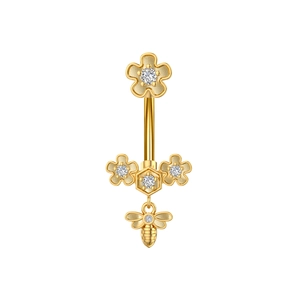 Detailed view of a golden belly ring featuring a bee and flower with sparkling zircon