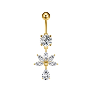 Detalle de piercing de ombligo dorado con flores de circón y colgante en forma de lágrima