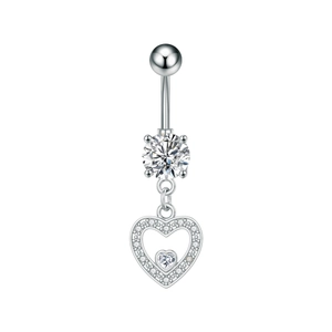 Detail of silver navel ring with circular zircon and a double heart dangle charm
