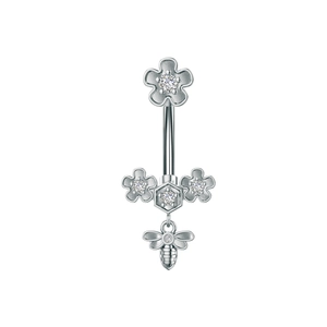 Detail view of silver belly ring featuring honey bee and floral pendants with zircons