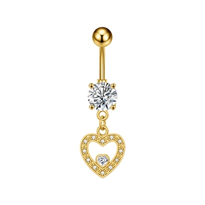 Detail of gold navel ring with zircon-encrusted heart pendant and curved barbell