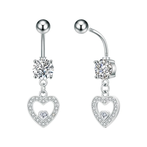 Detailed close-up of stainless steel heart navel ring with zircon pavé and screw bead
