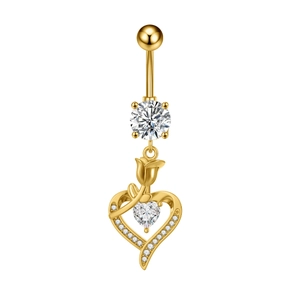 Detail of gold belly ring featuring a rose heart pendant with pavé set cubic zirconia