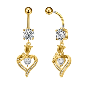 Detail of rose and heart-shaped navel ring with zircon pendant in 18K gold finish