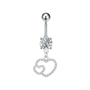 Detail view of double heart dangle navel ring with cubic zirconia micro-pave setting